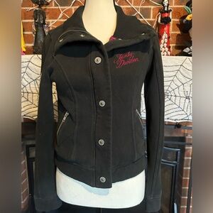 Vintage Y2K Harley-Davidson Women's Black Utility Jacket with Pink Logo
